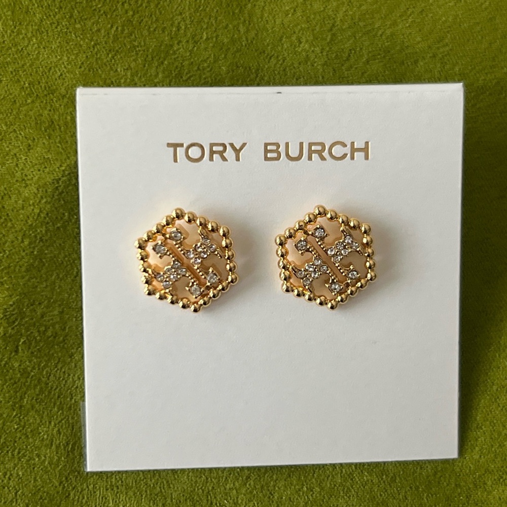 Tory Burch Gold and Crystal Hexagon Earrings